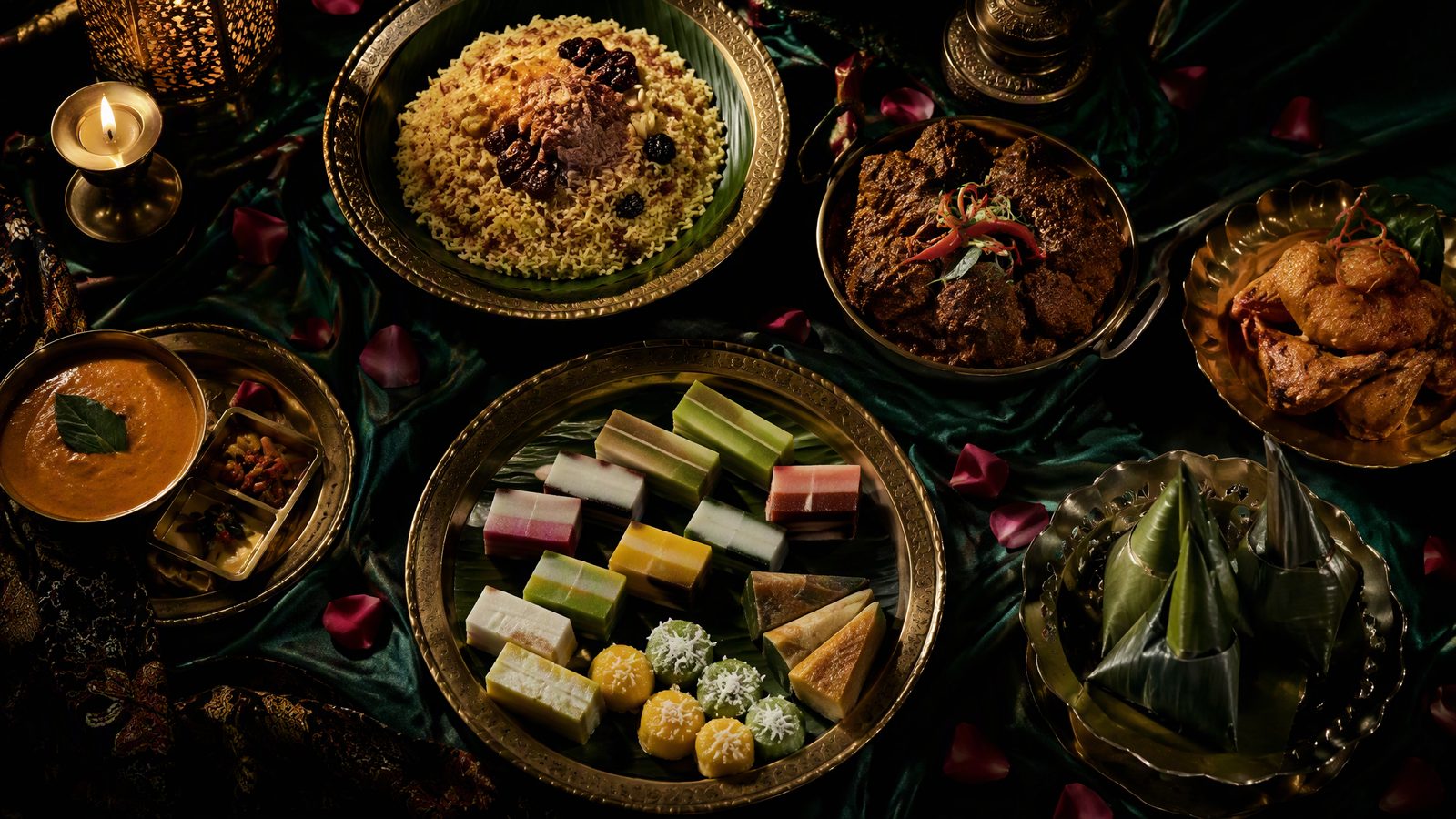 Hidangan kenduri Melayu — nasi minyak, rendang, kuih-muih di atas dulang tembaga